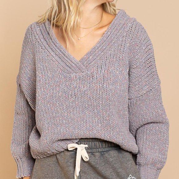 Grey Chunky Knit V-Neck Sweater - Picture 6 of 6